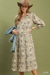 Trendsi Umgee Linen Botanical Print Tiered Midi Dress -