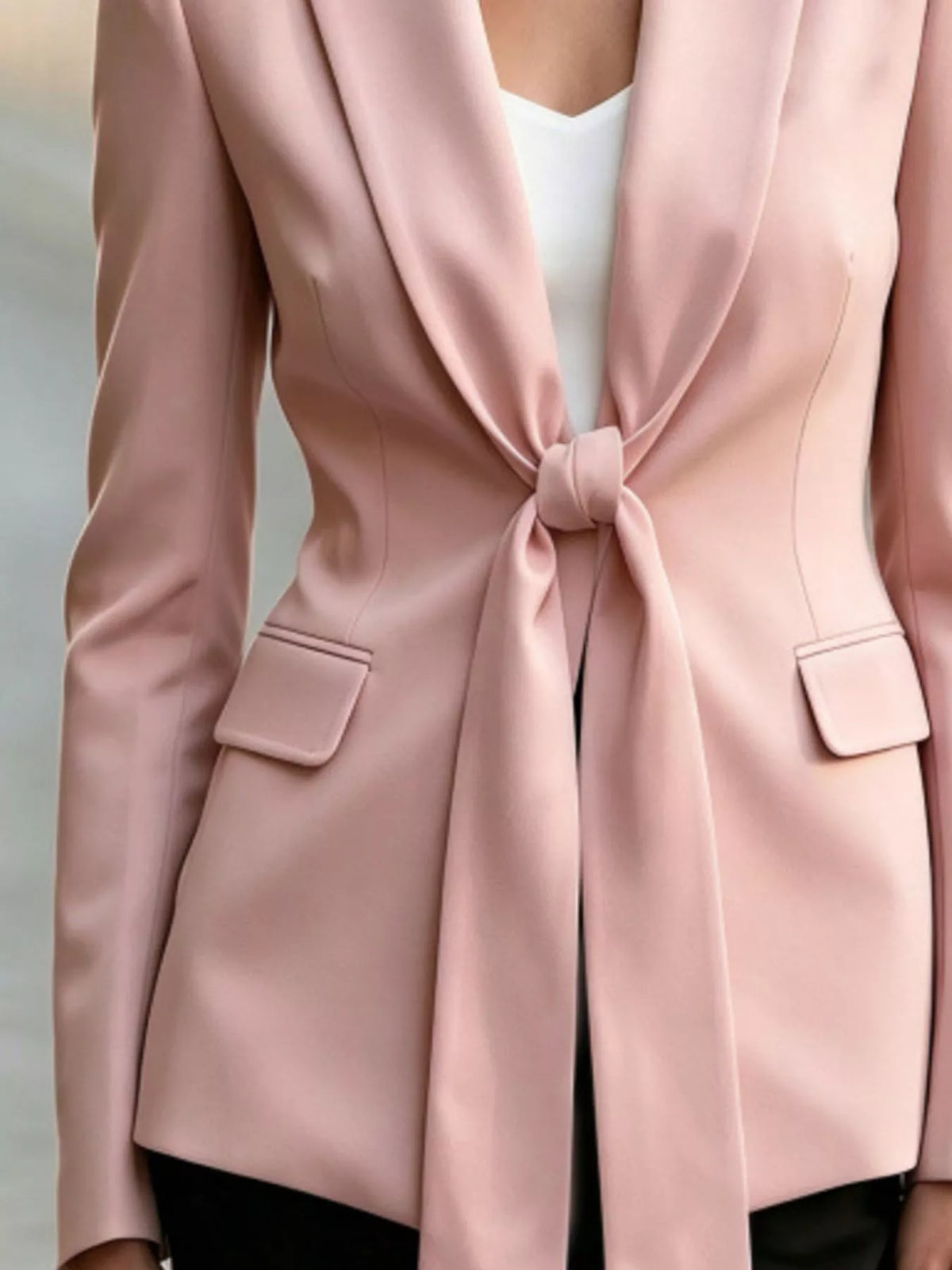 Tie-front lapel collar blazer in pink, front tie and pocket detail