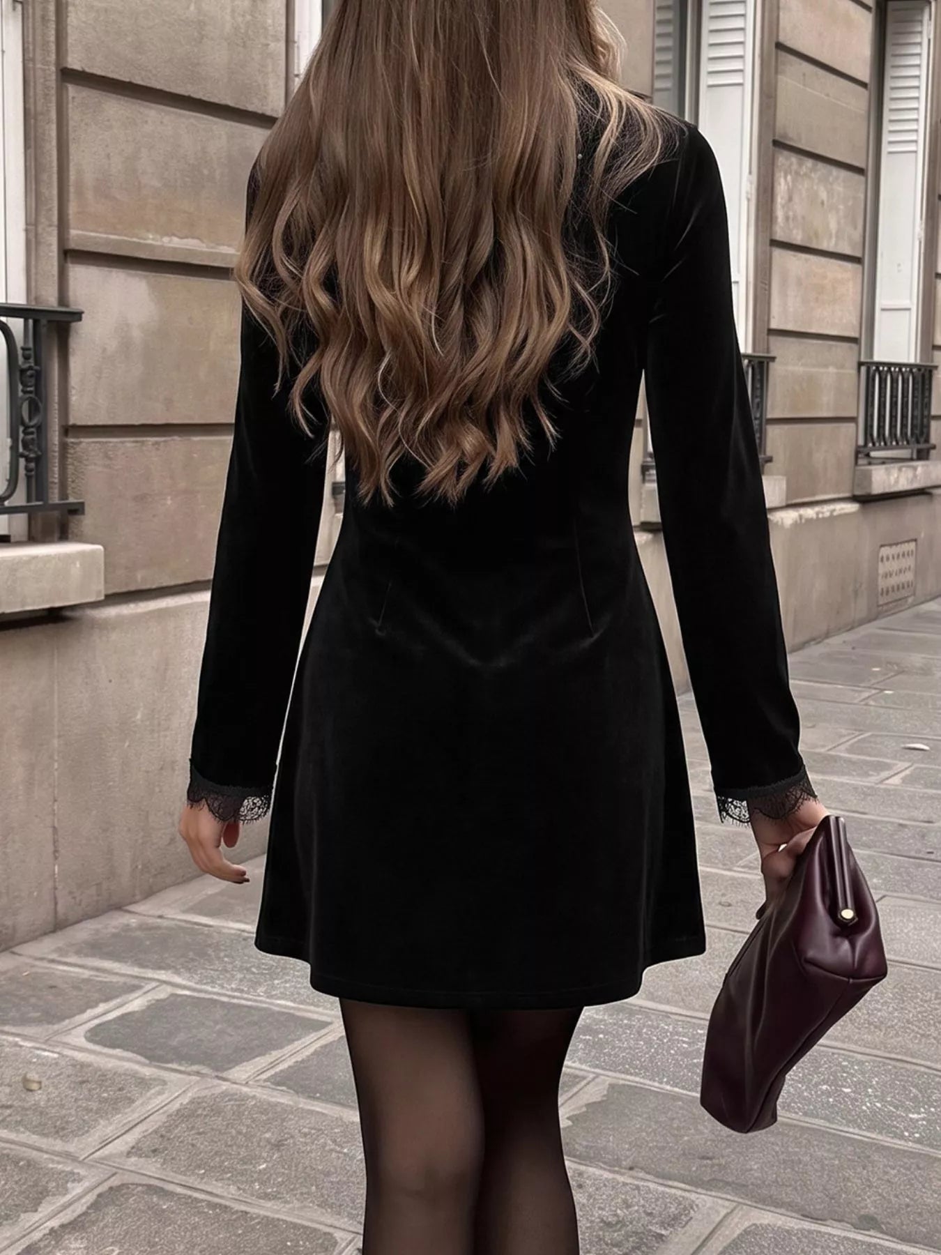 Trendsi Velvet Lace Trim V-Neck Mini Dress -