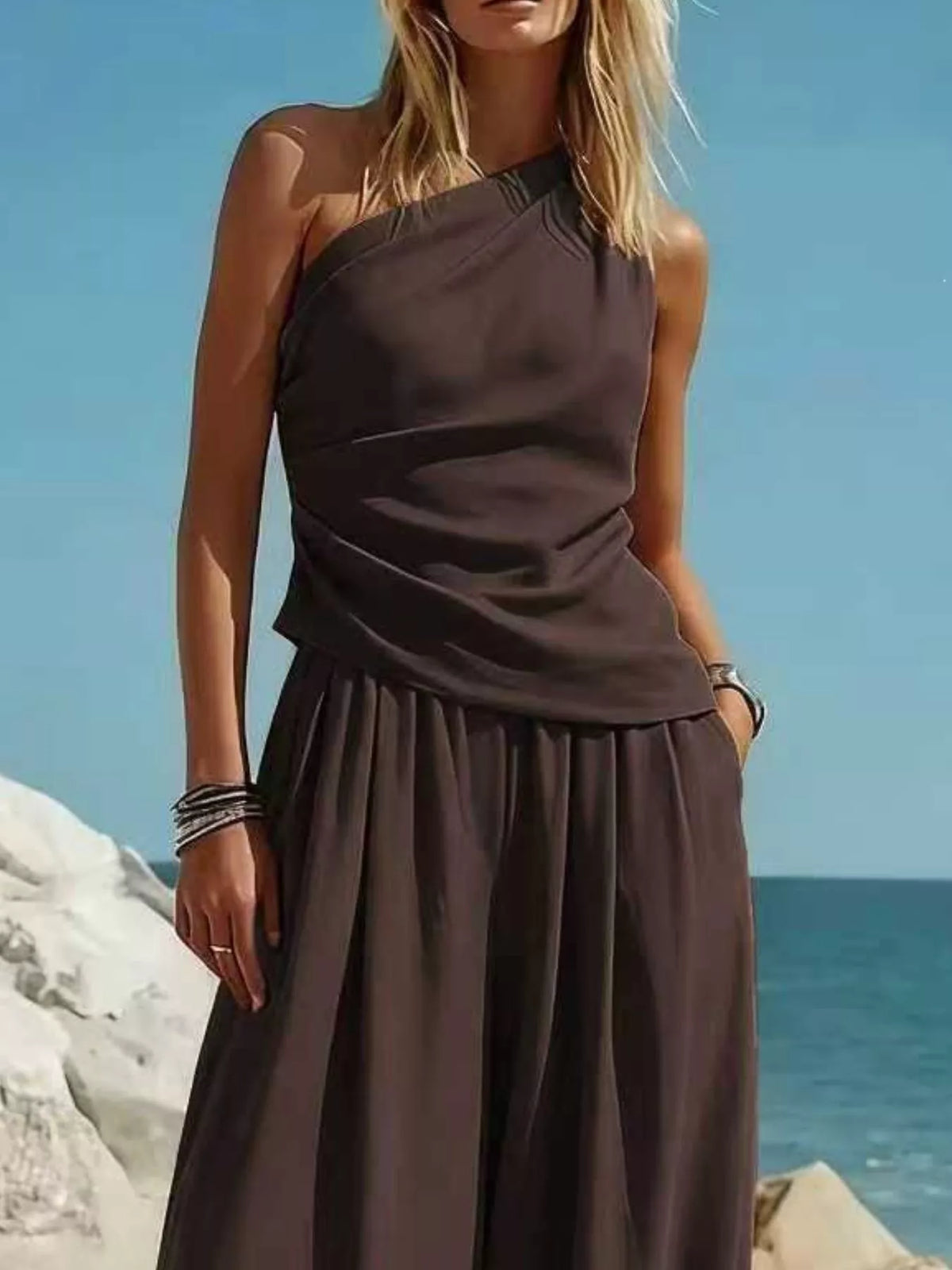 Women's One-Shoulder Sleeveless Top & Harem Pants Set — alternate view 13