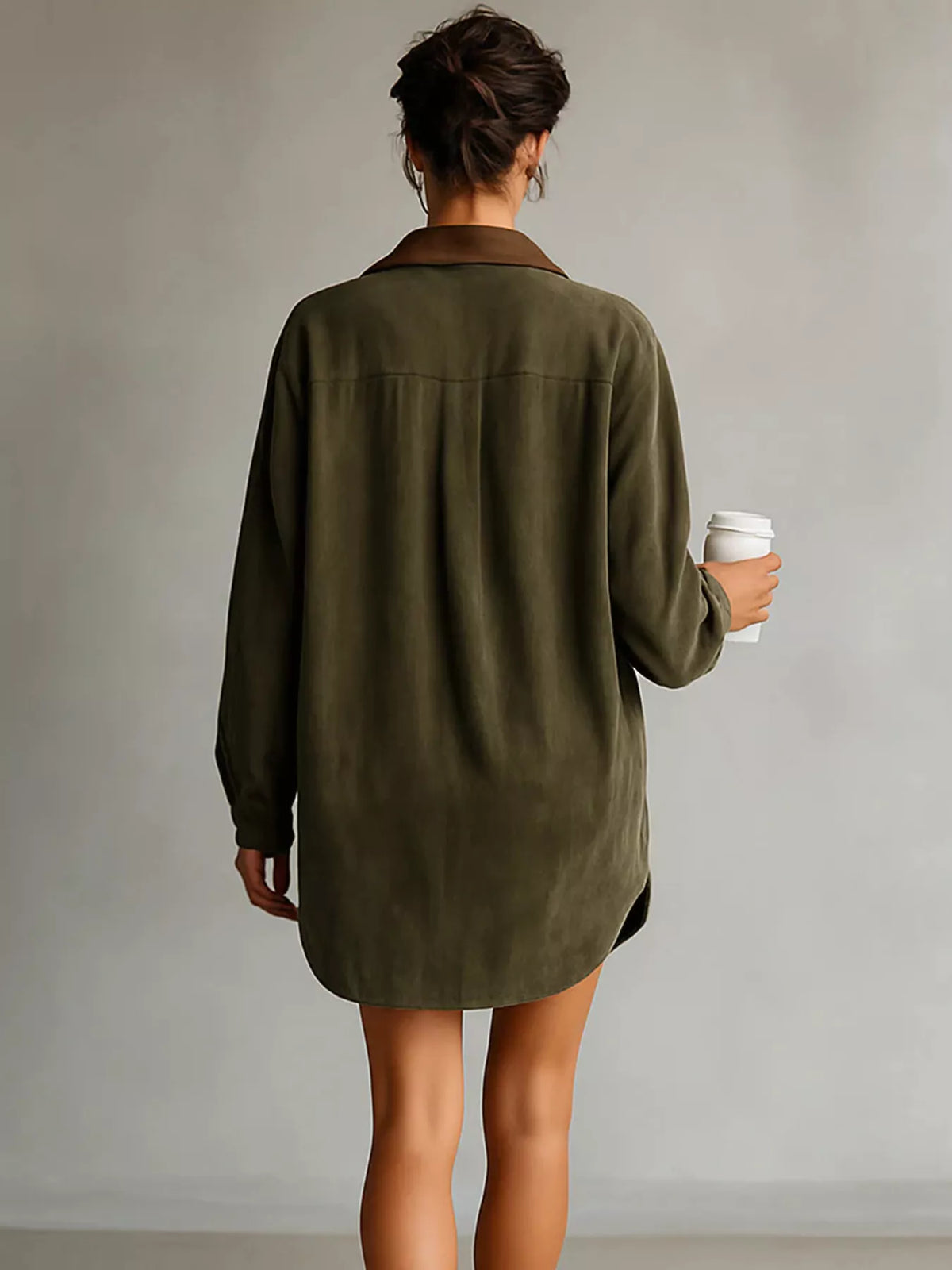 Olive contrast-collar mini shirt dress, back view.