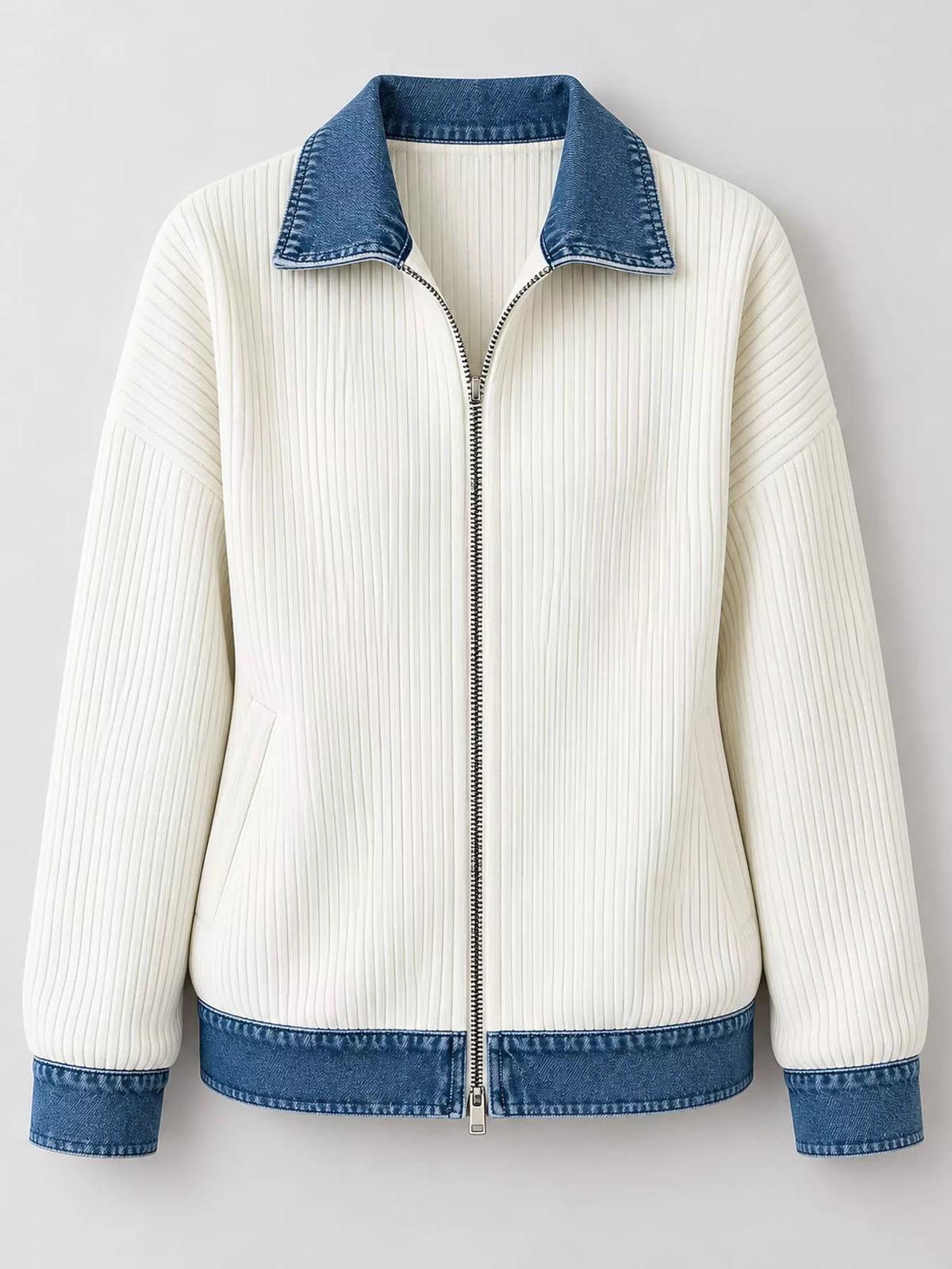 Cream denim-collar ribbed knit zip-up jacket — front view