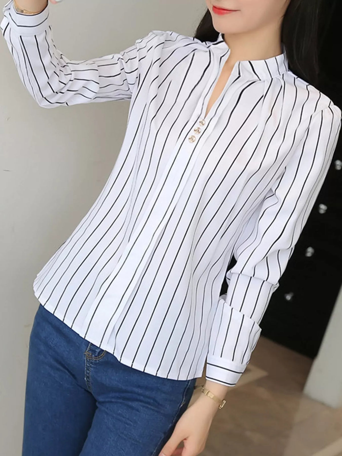 Split neck long sleeve shirt, front view on model