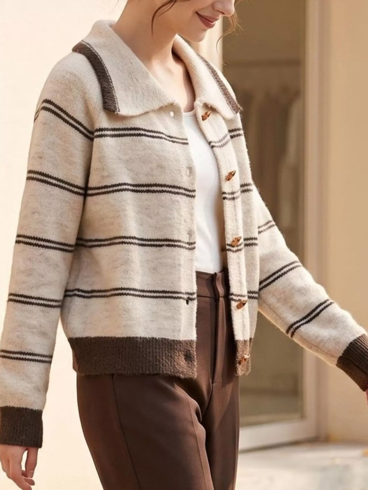 Apricot Striped Button-Down Knit Cardigan alternate view