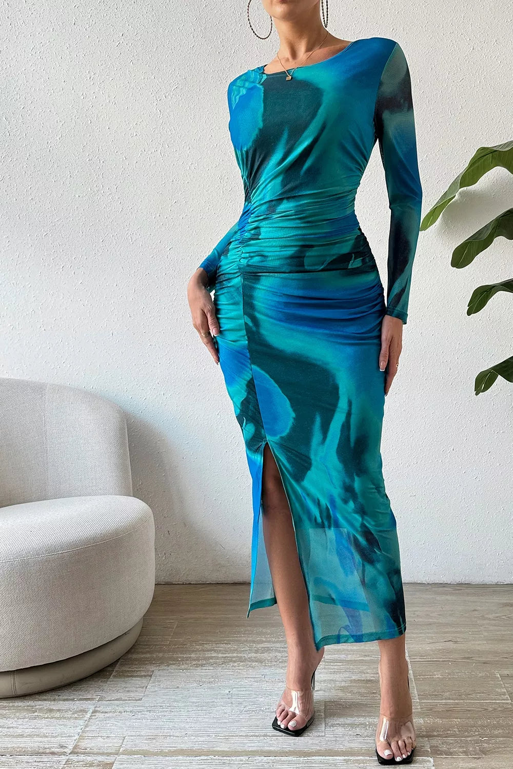 Trendsi Ruched Tie-Dye Midi Dress with High Slit -
