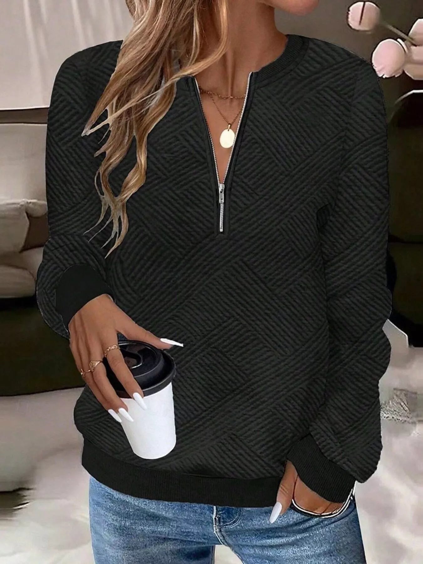 Trendsi Textured Quarter-Zip Sweatshirt -
