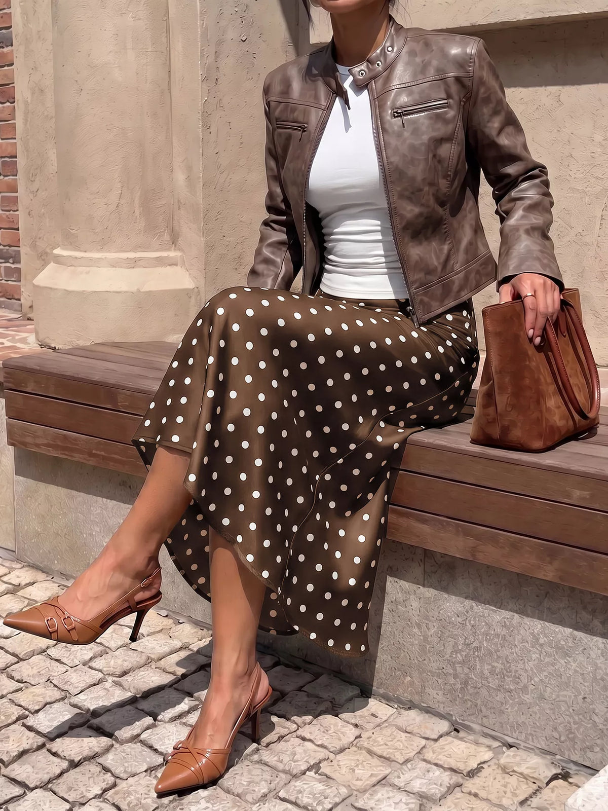 Brown and white polka dot midi skirt