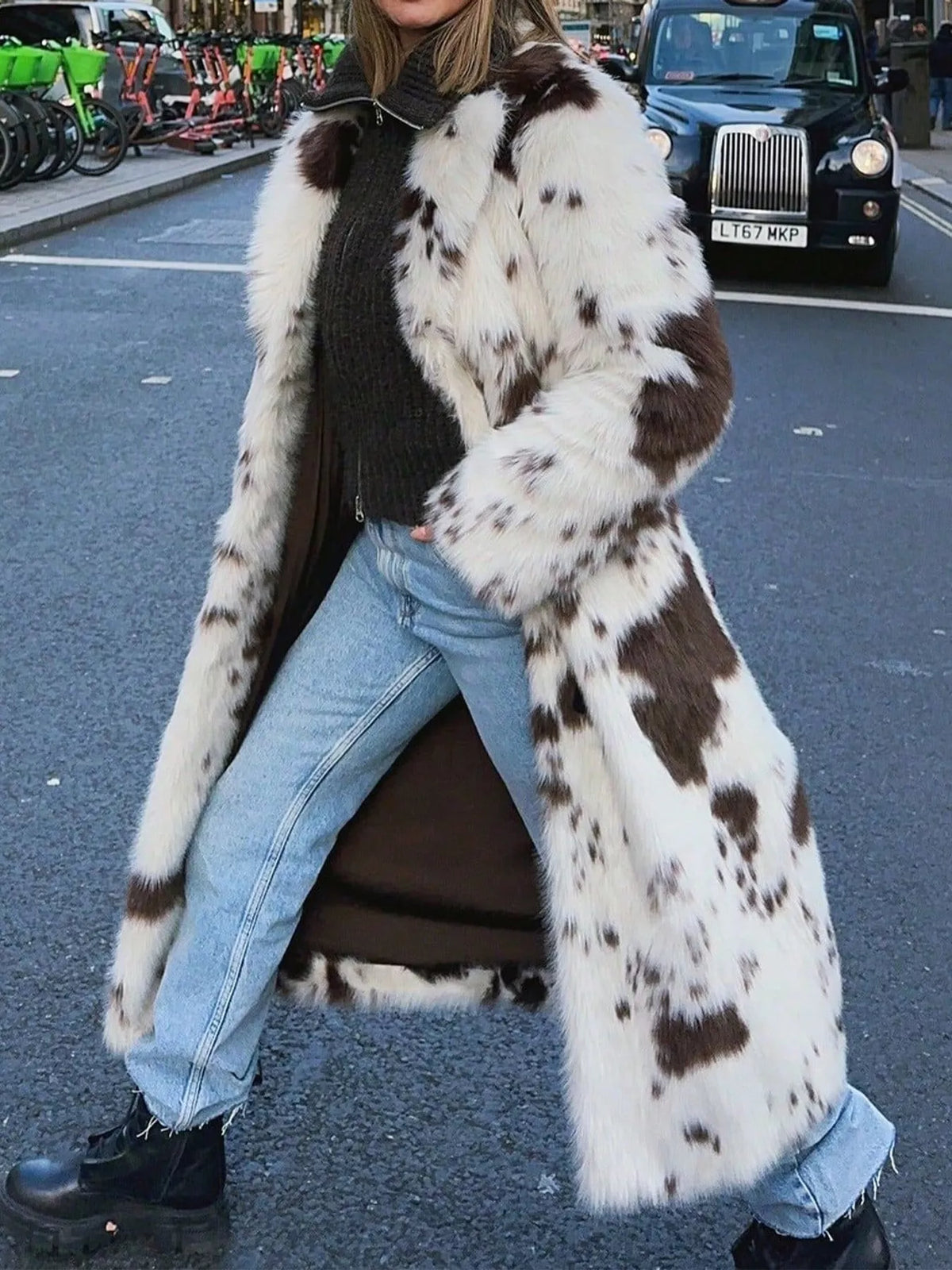 Cow Print Faux Fur Longline Coat in animal print