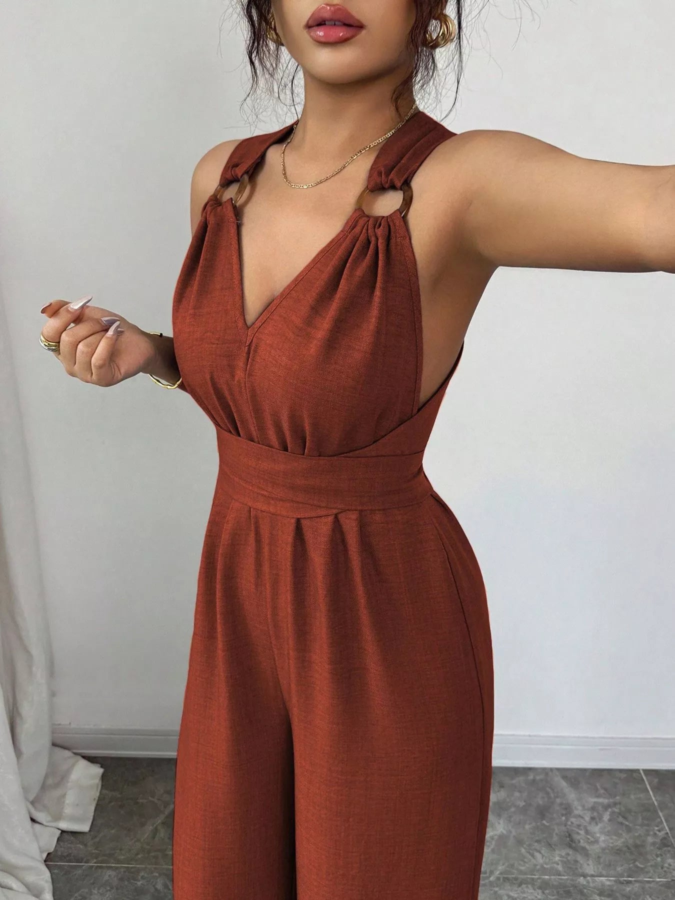 Trendsi Sleeveless V-Neck Wide-Leg Jumpsuit with O-Ring Detail -