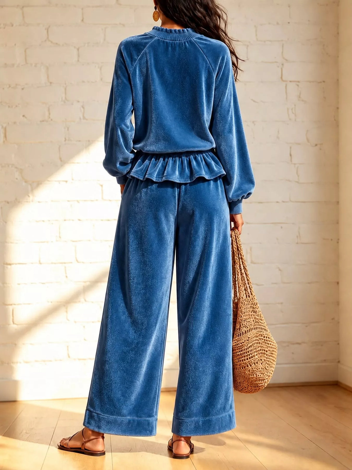 Blue velvet ruffled hem top and wide-leg pants set — back view