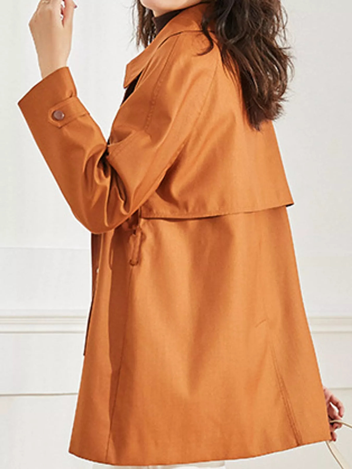 Double-Breasted Tie Waist Trench Coat, back view in orange