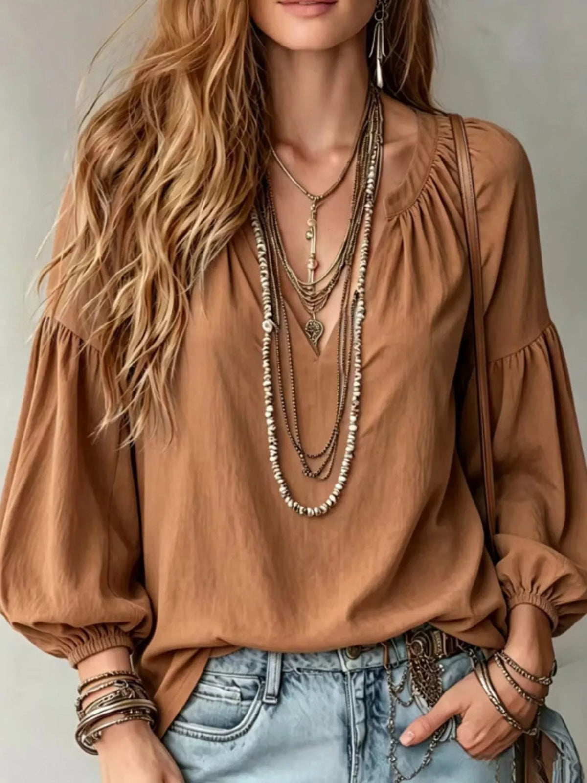 Notched Balloon Sleeve Blouse in brown, front view