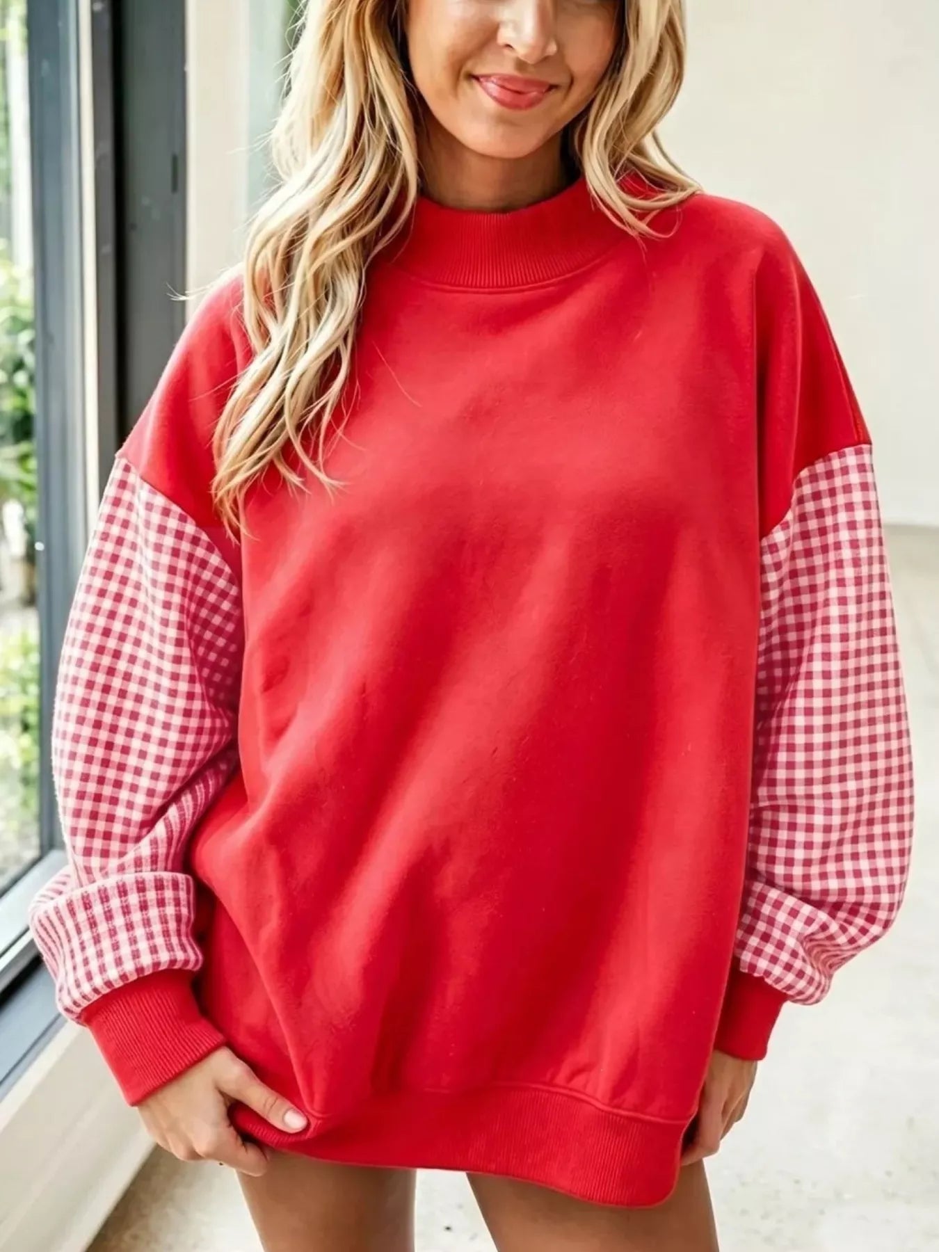 Trendsi Gingham Sleeves Round Neck Sweatshirt -