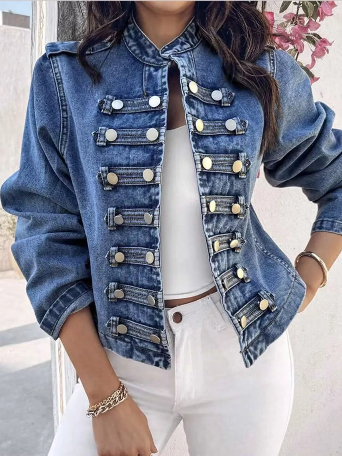 Decorative Button Cropped Denim Jacket — front view