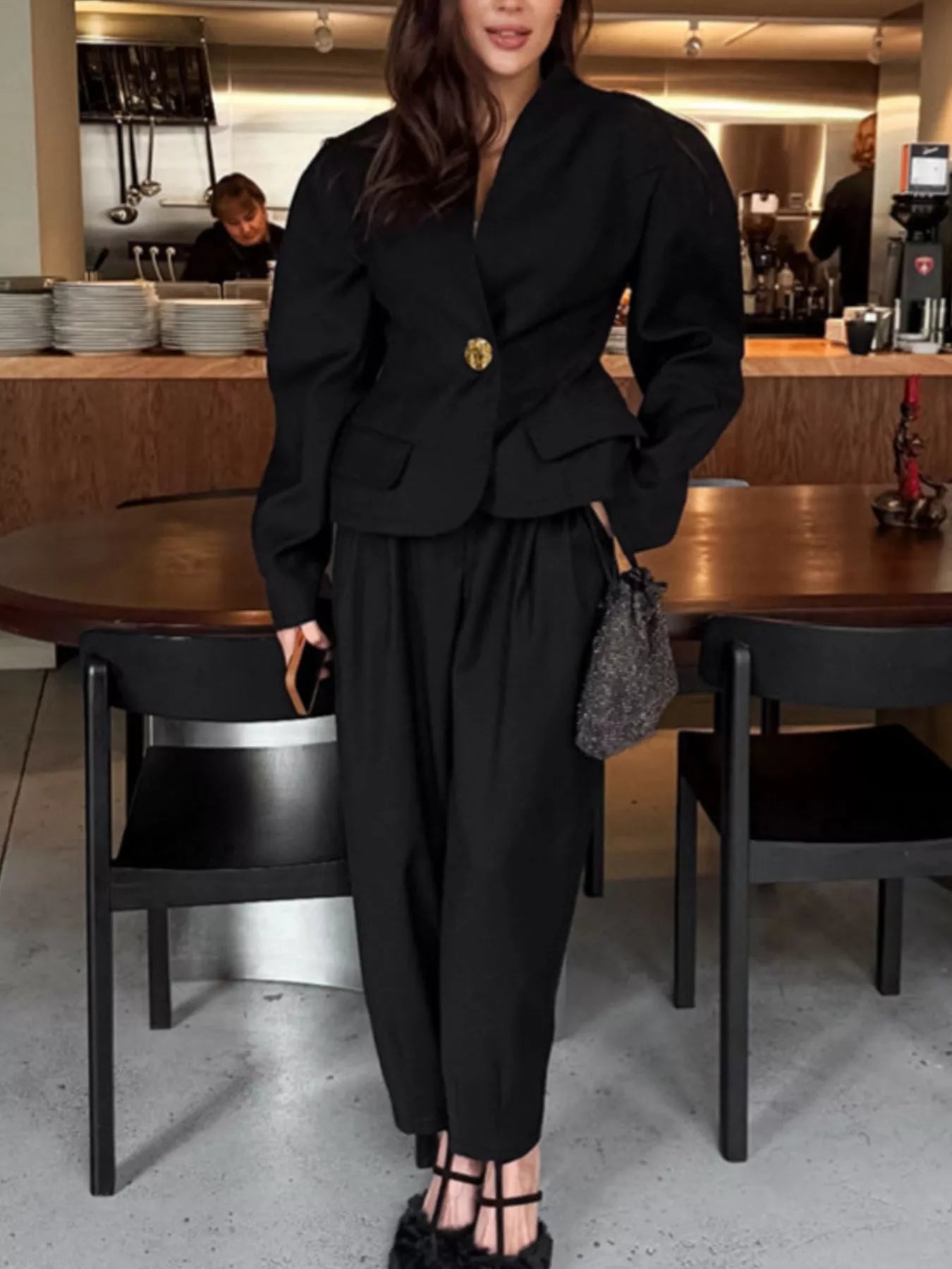Trendsi Puffy Sleeve Blazer and Wide-Leg Pants Set -