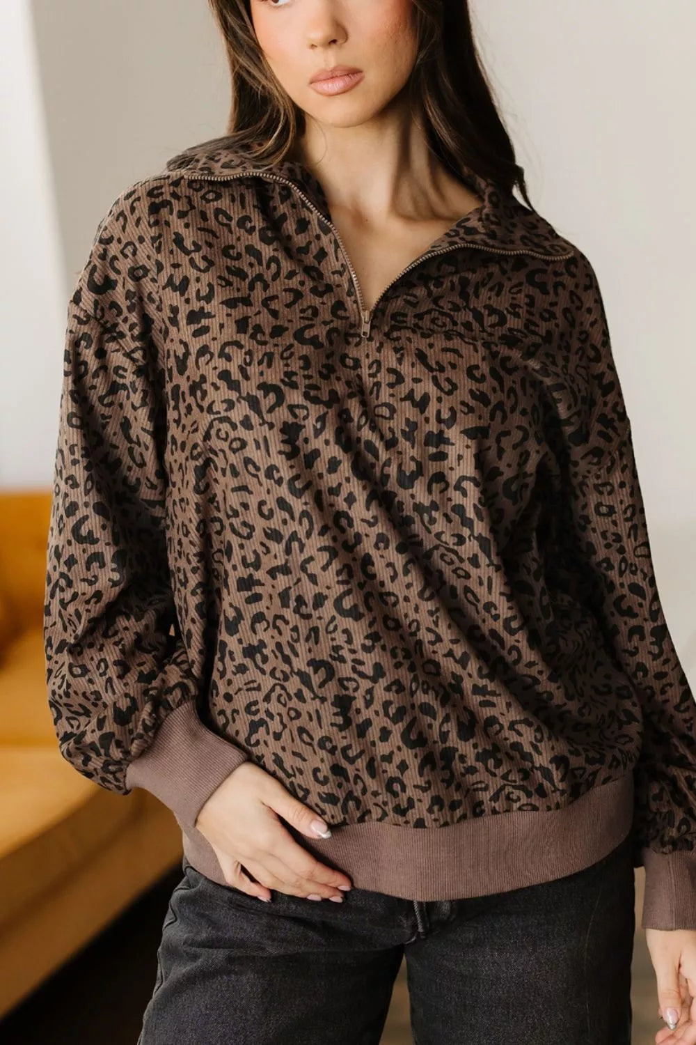 Trendsi Leopard Print Quarter-Zip Sweatshirt -
