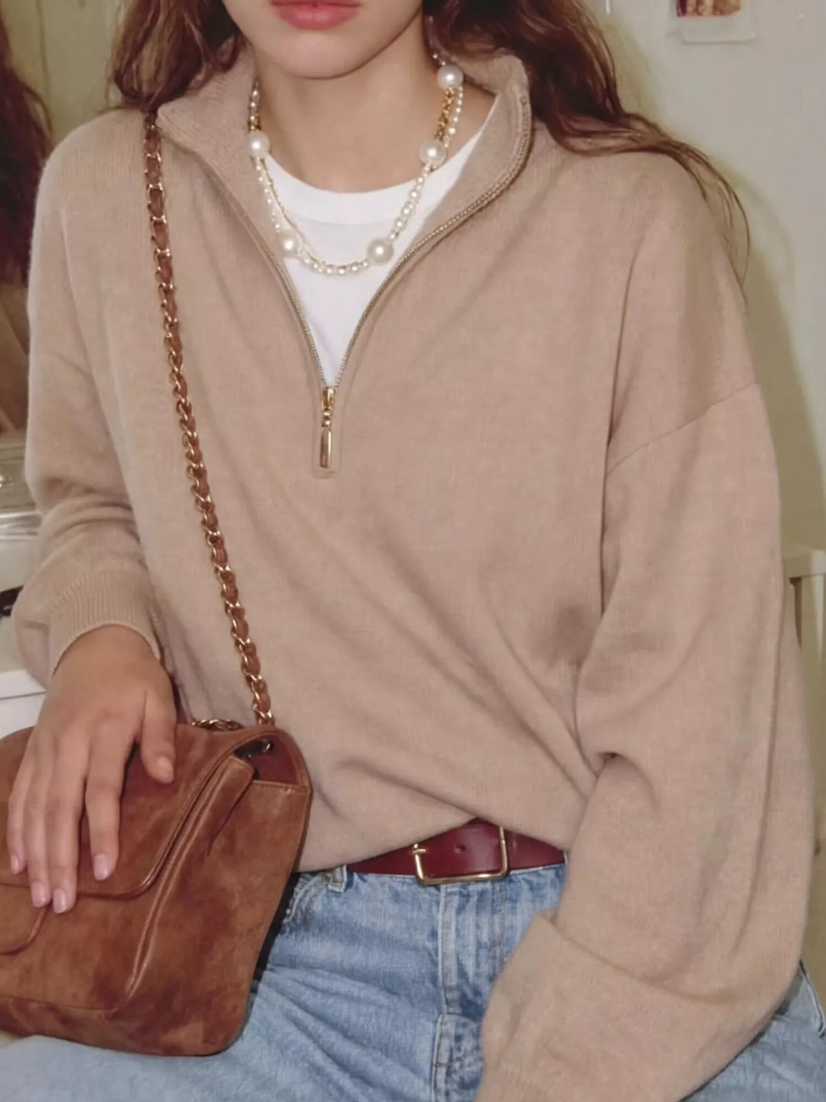 Women's Half-Zip Dropped Shoulder Sweater in beige — front view