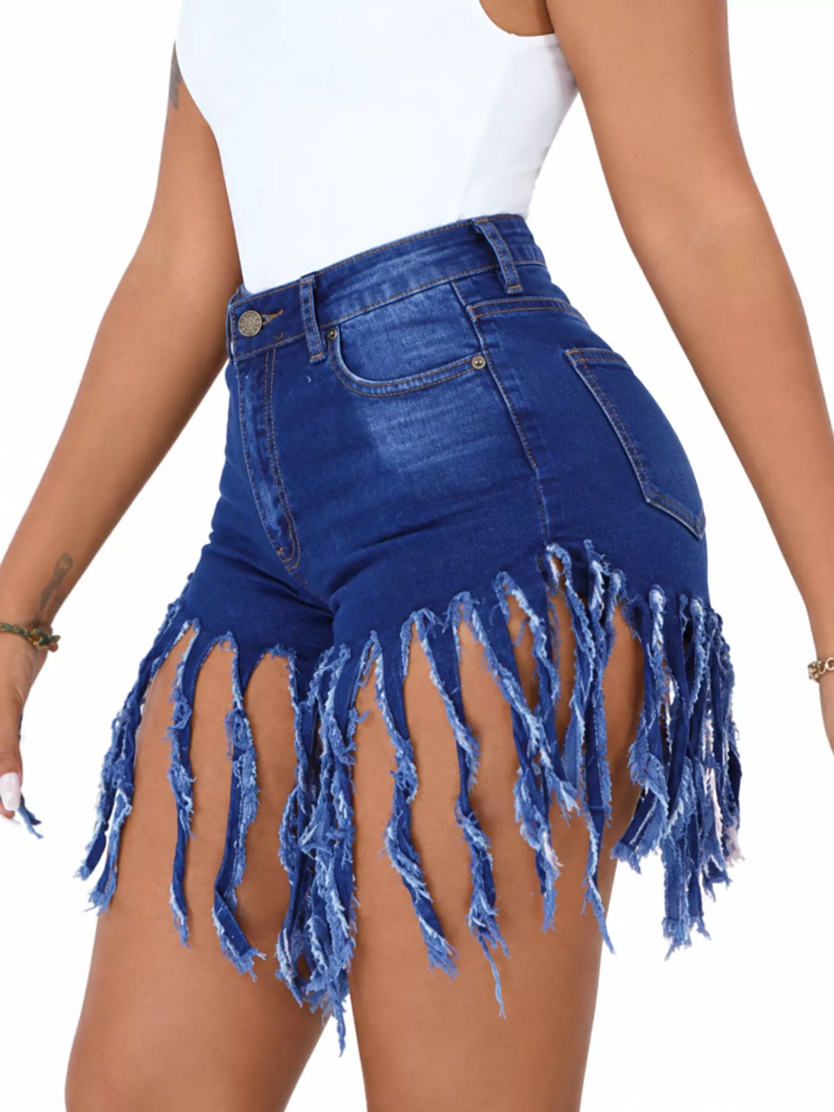 Blue fringed hem denim shorts, side view