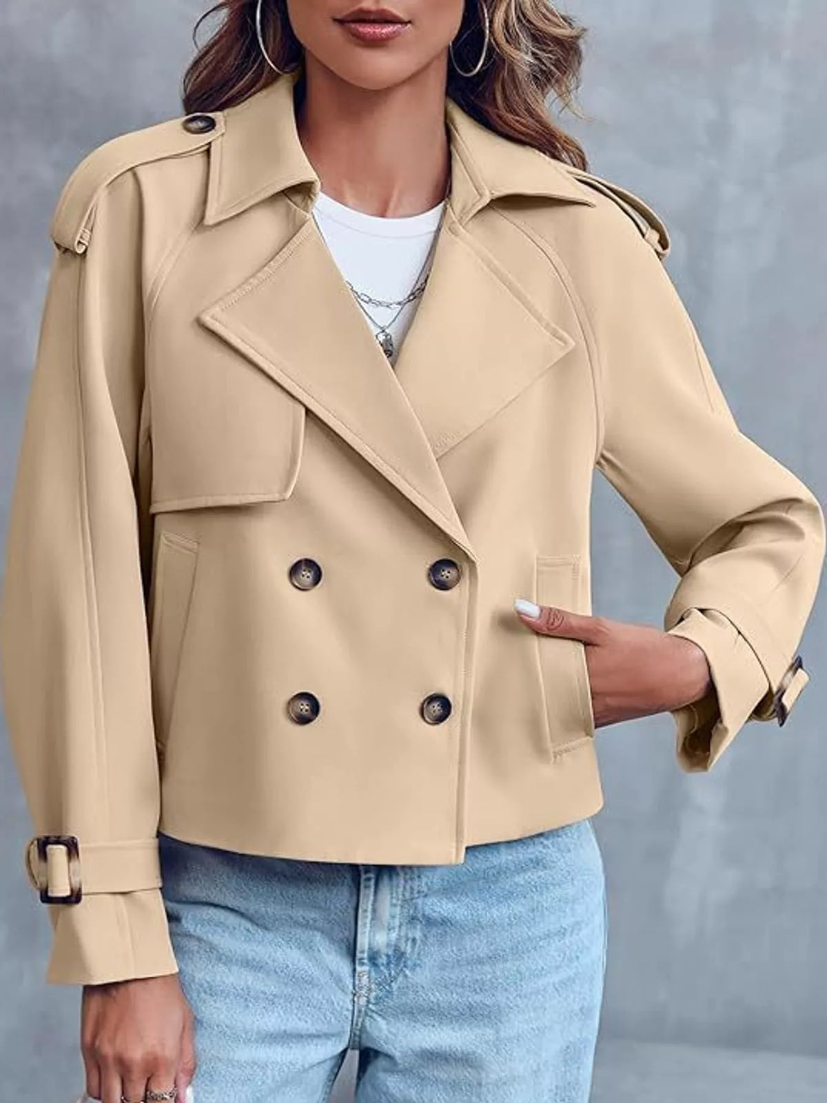 Women's Double-Breasted Cropped Trench Coat in beige — front view