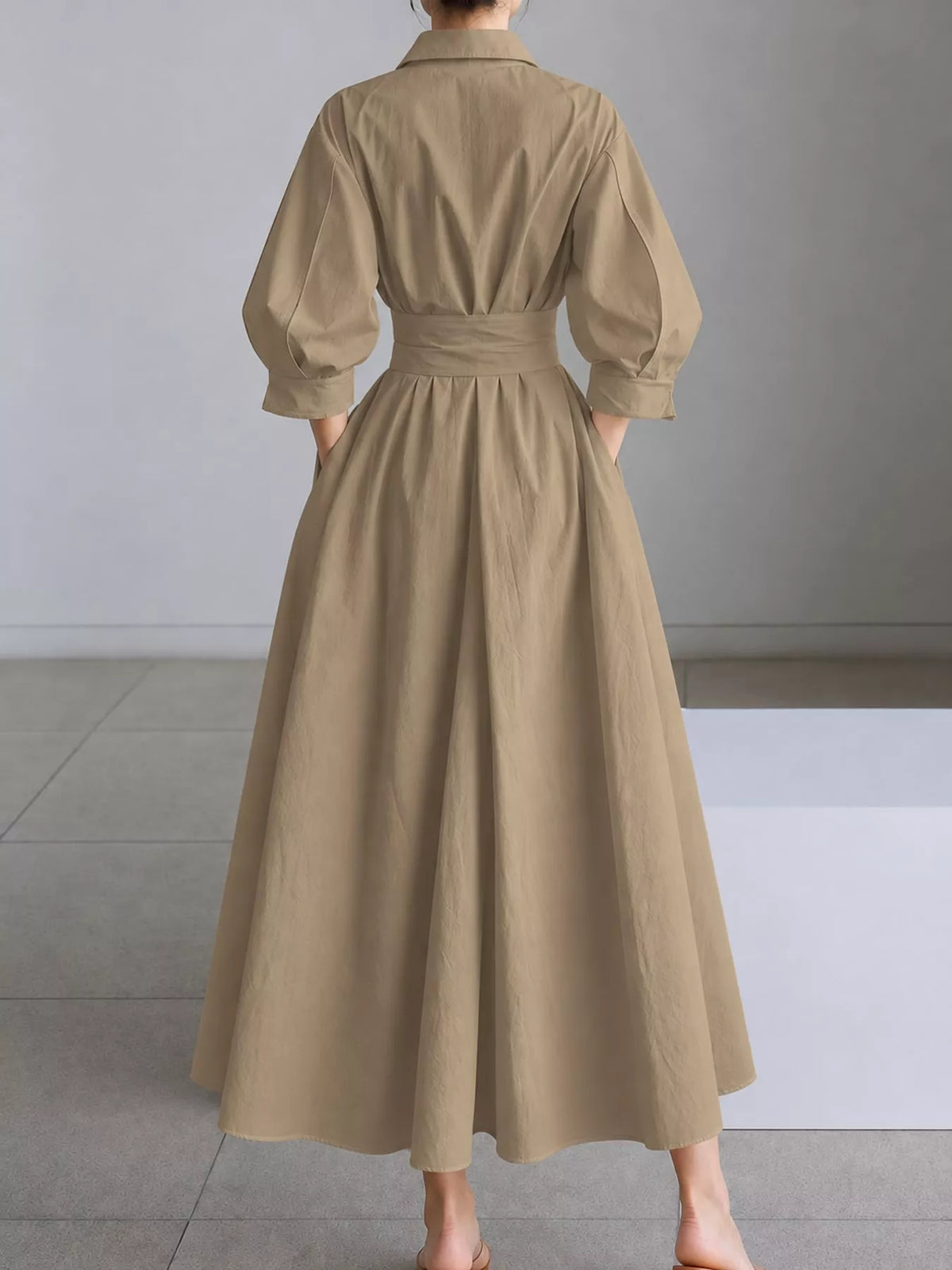 Collared Three-Quarter Sleeve Midi Shirt Dress — back view