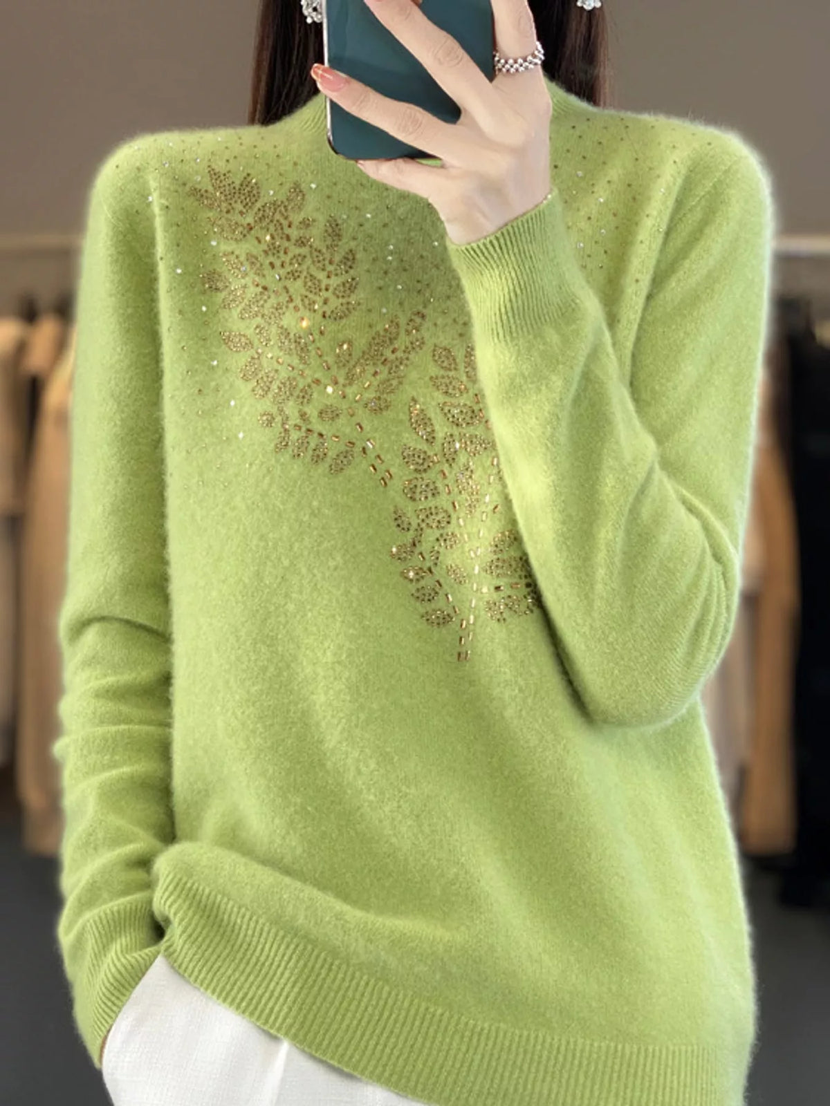 Rhinestone Leaf Mock Neck Sweater — front view