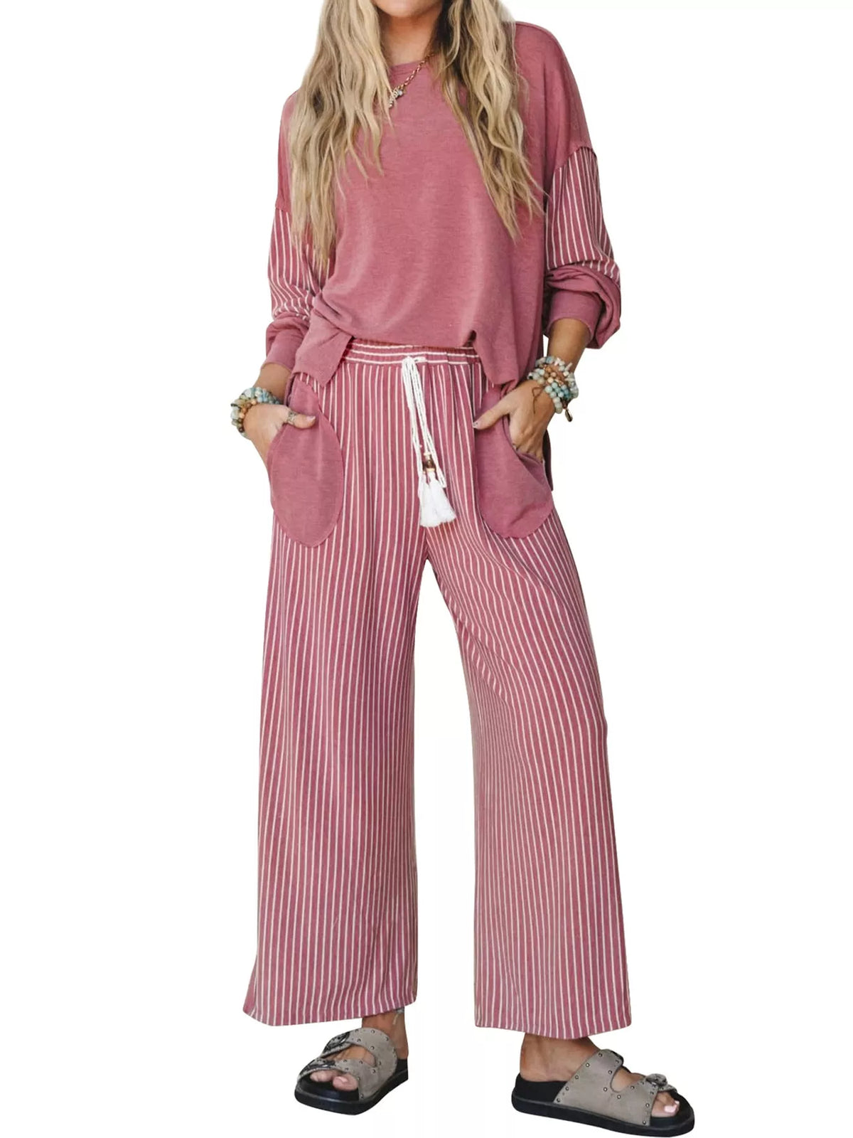 Pink striped boat neck top and wide-leg pants set