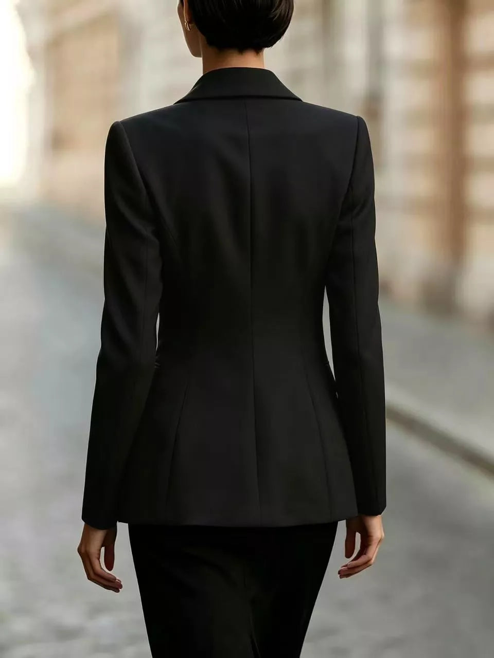 Tie-front lapel collar blazer in black, back view