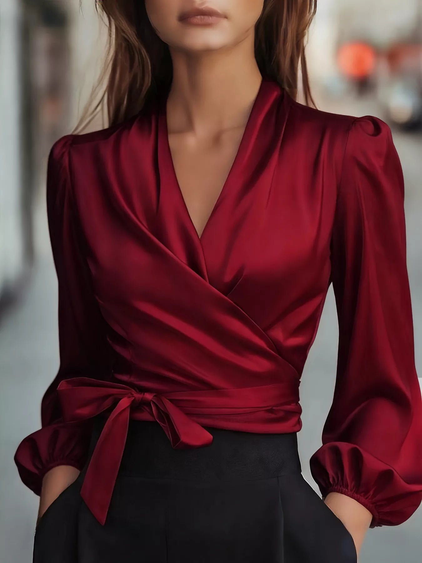Trendsi Elegant Satin Wrap Blouse with Bow Detail -