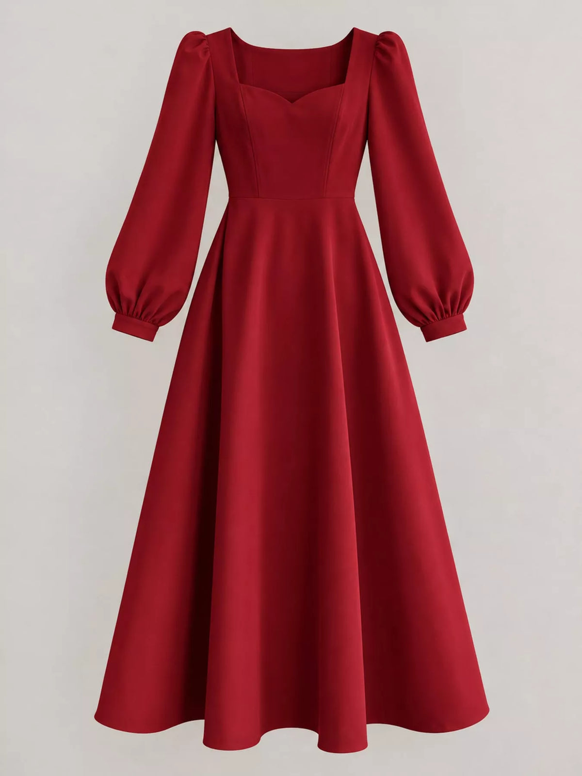 Burgundy long sleeve a line midi dress, front view