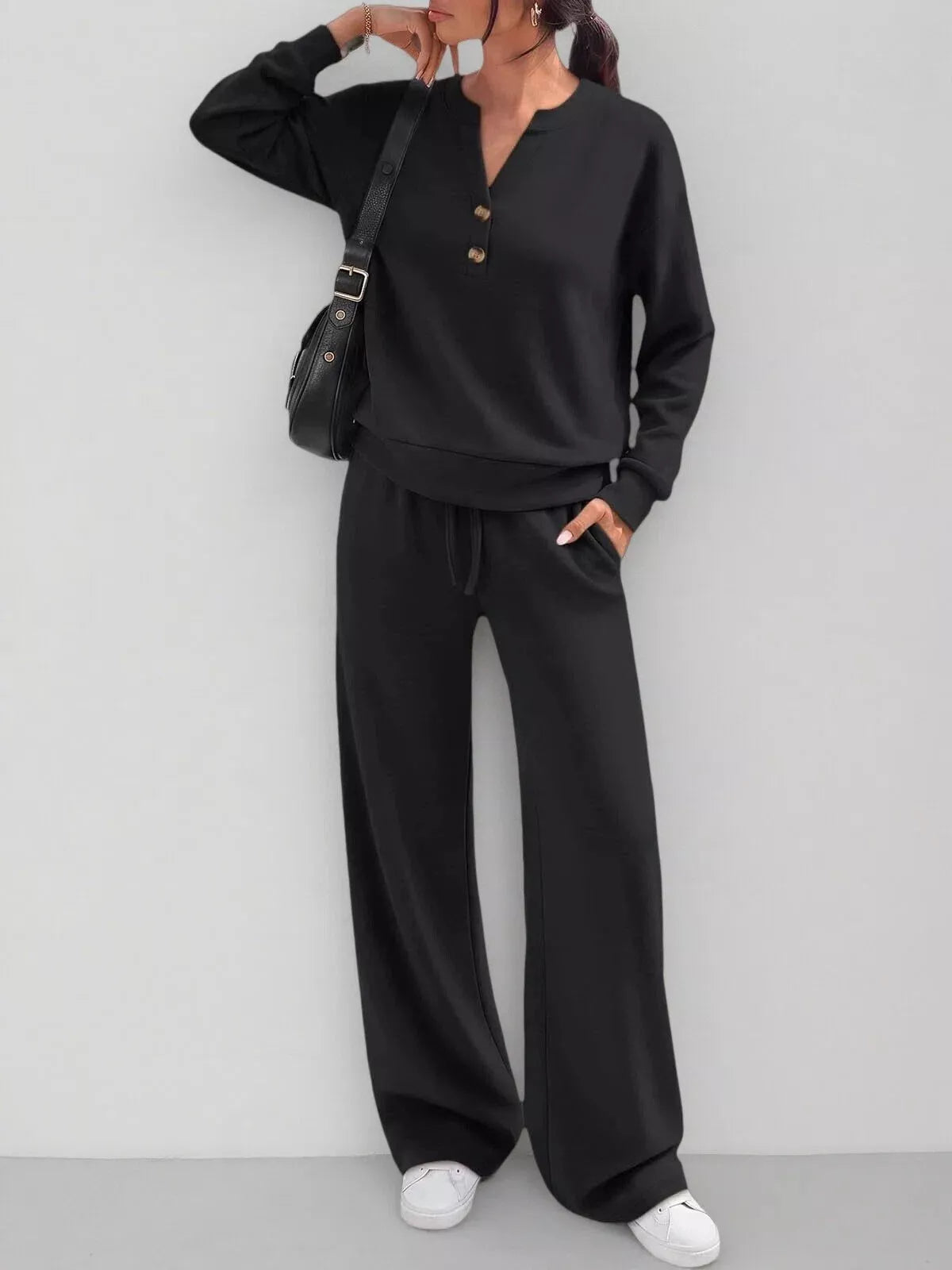 Button-detail dropped-shoulder top and pants set
