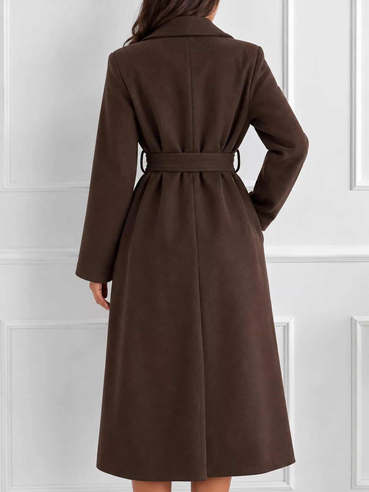 Brown lapel collar belted coat, back view