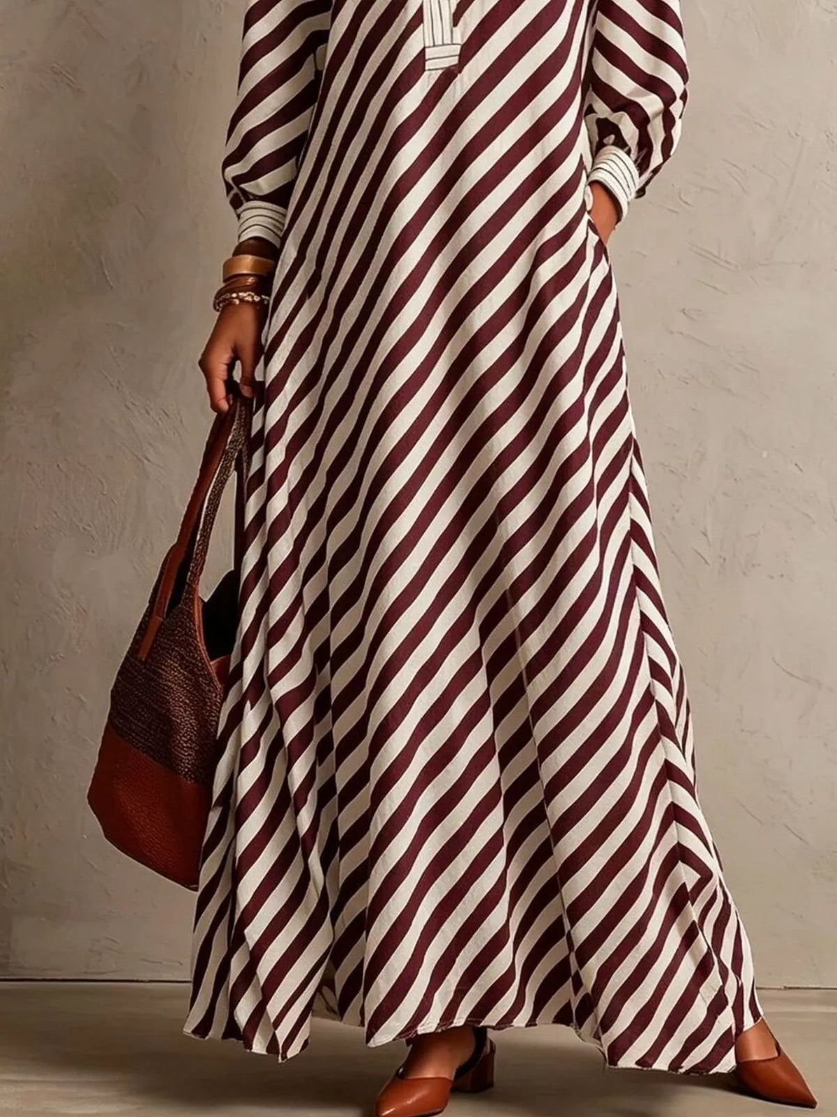 Striped Long Sleeves Maxi Dress in burgundy, skirt detail
