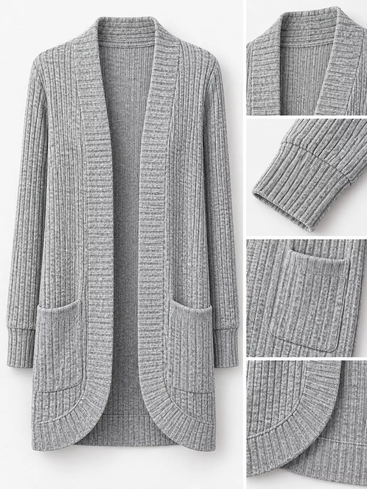 Gray ribbed open-front longline cardigan