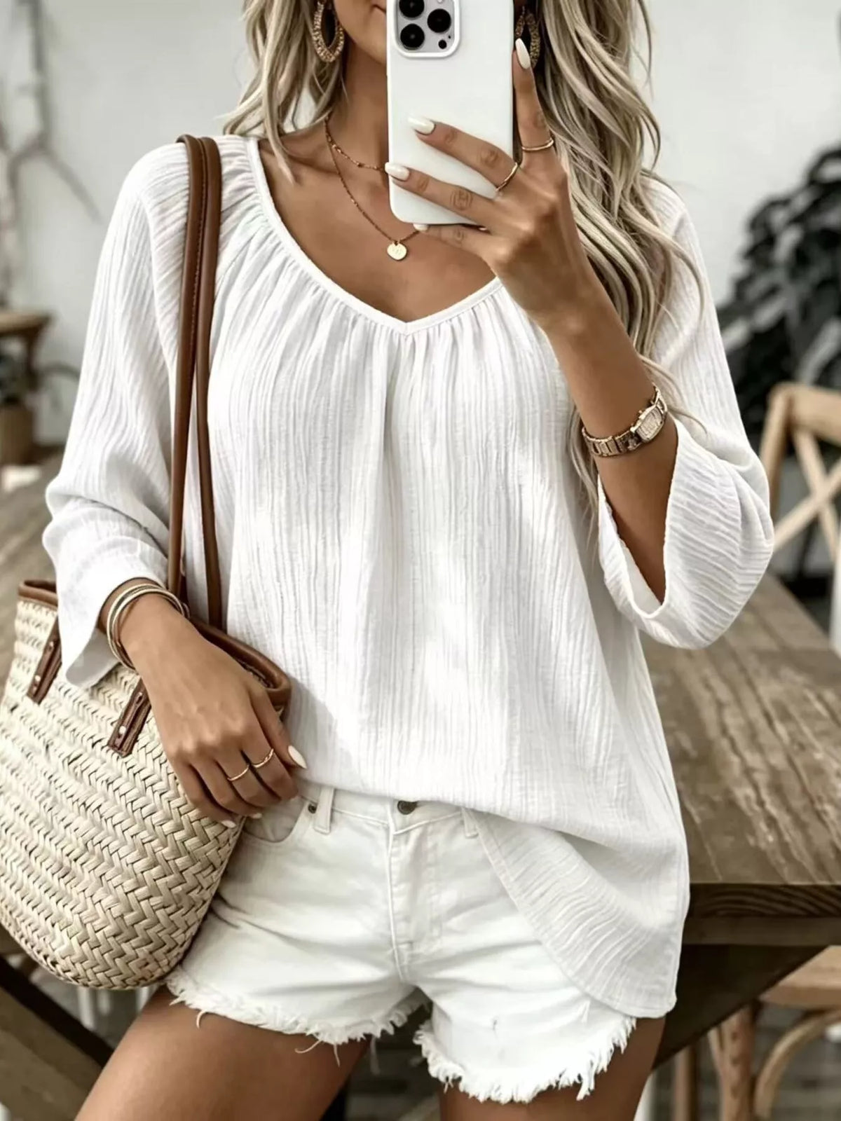 Textured V-Neck Casual T-Shirt, front view