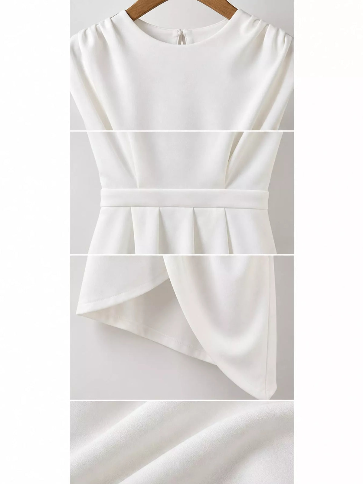 Women's Asymmetrical Backless Pleated Dress in white — detail collage view