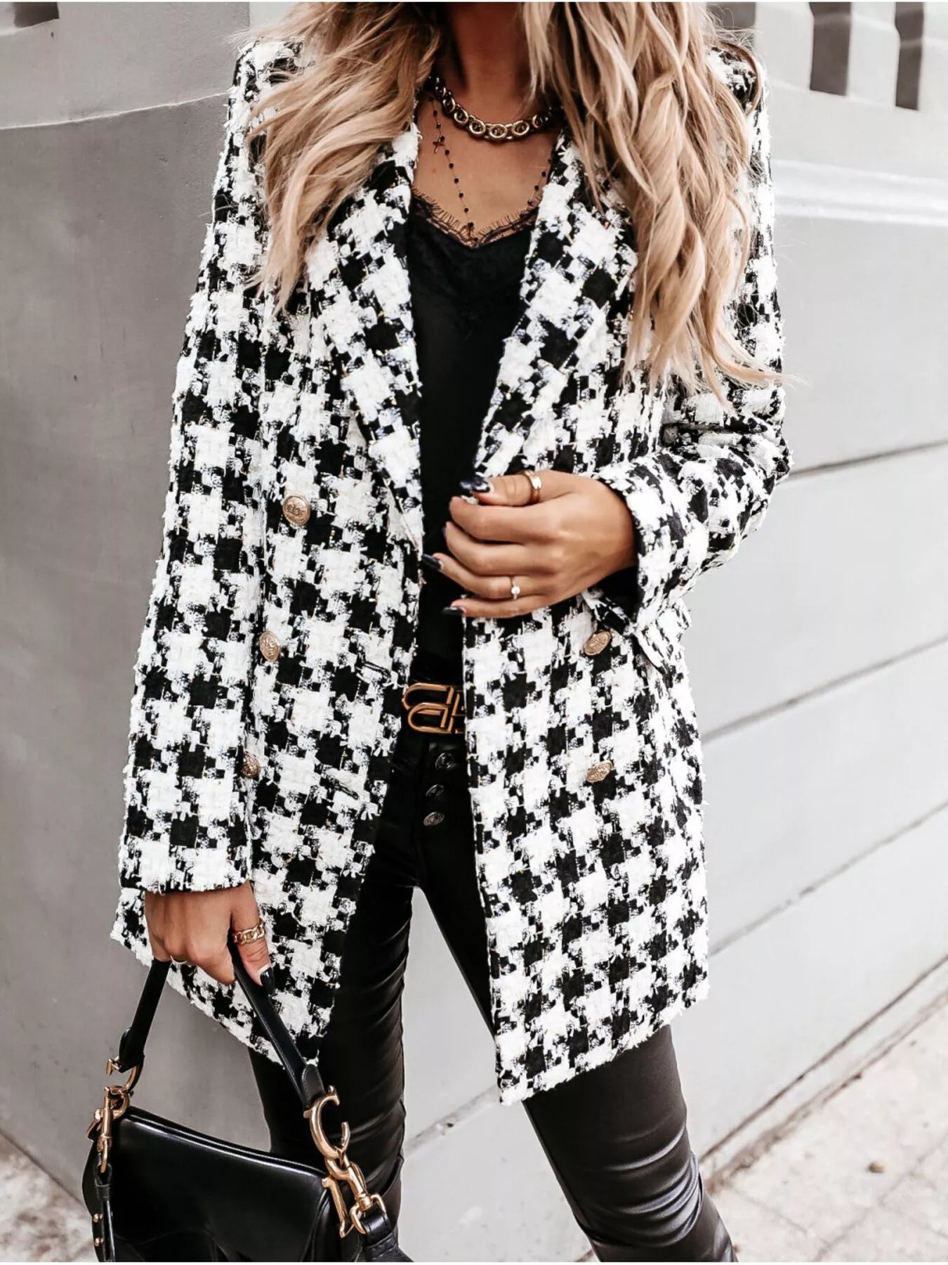 Trendsi Plaid Tweed Double-Breasted Coat -