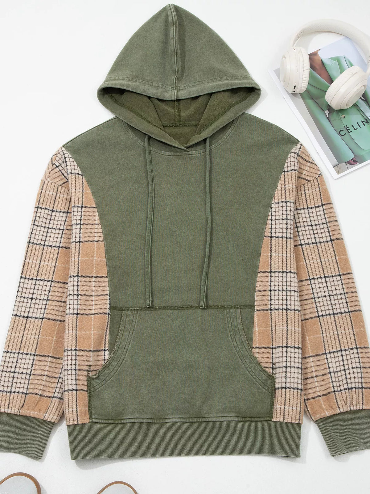 Plaid-sleeve hoodie, olive flat front