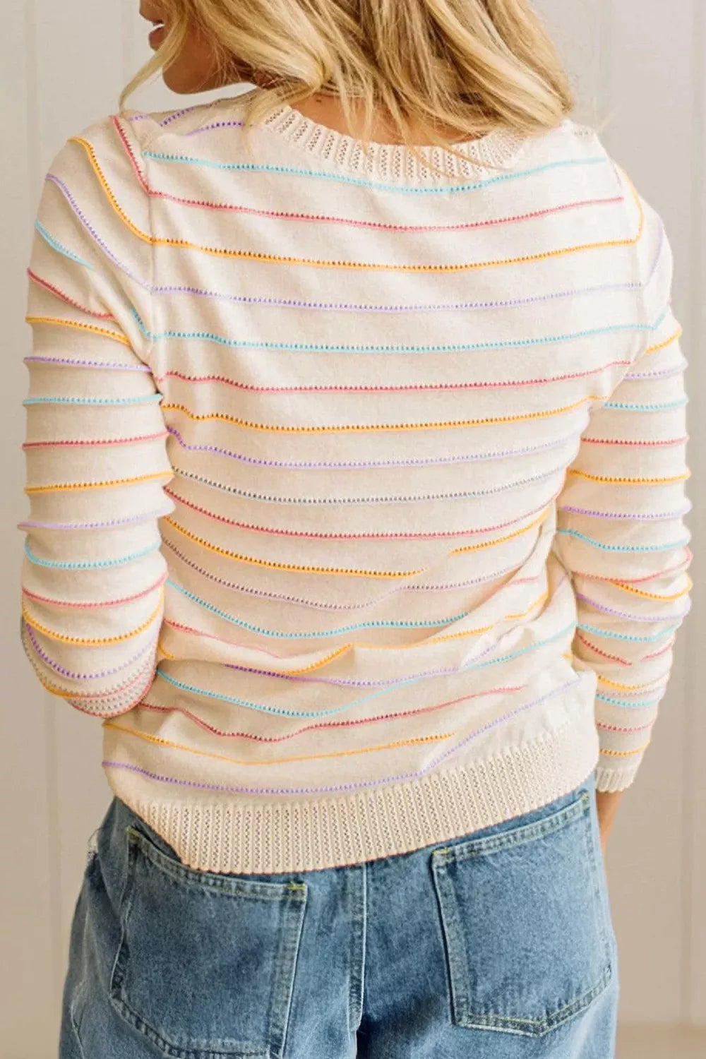 Trendsi Stripe Colorful Stripes Crew Neck Knit Sweater -