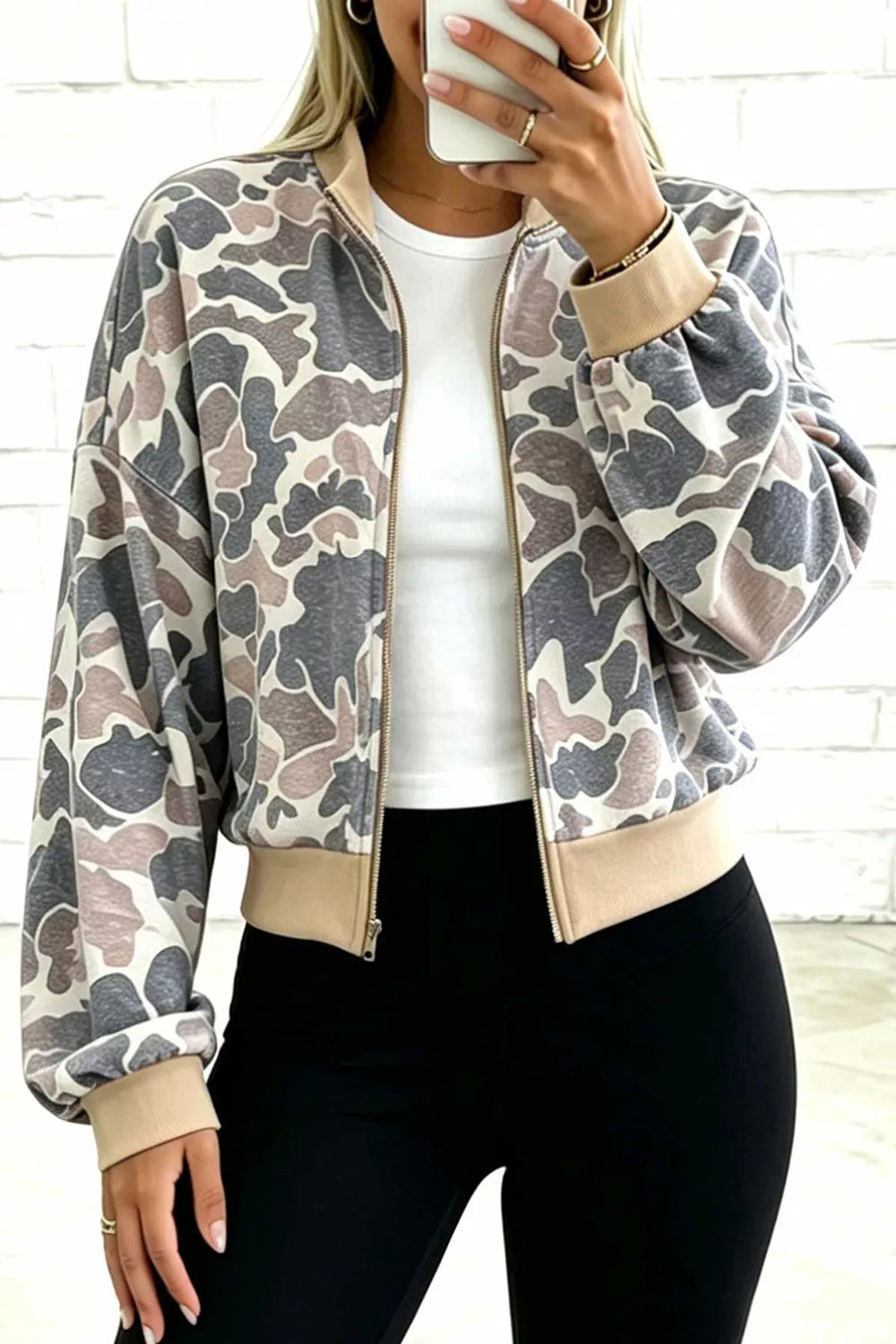 Green Camouflage camouflage print color block trim zip bomber sweatshirt