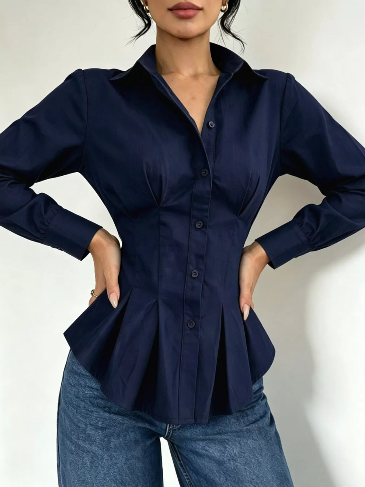 Button-Down Peplum Blouse with Fitted Waist, front view