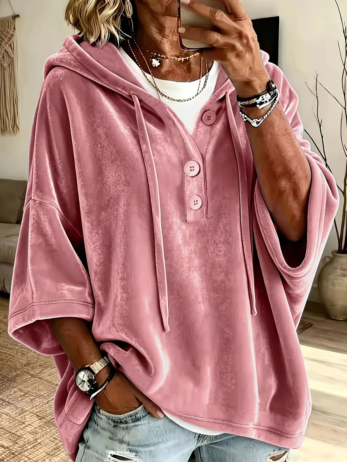 Velvet Button Hoodie in pink, front view