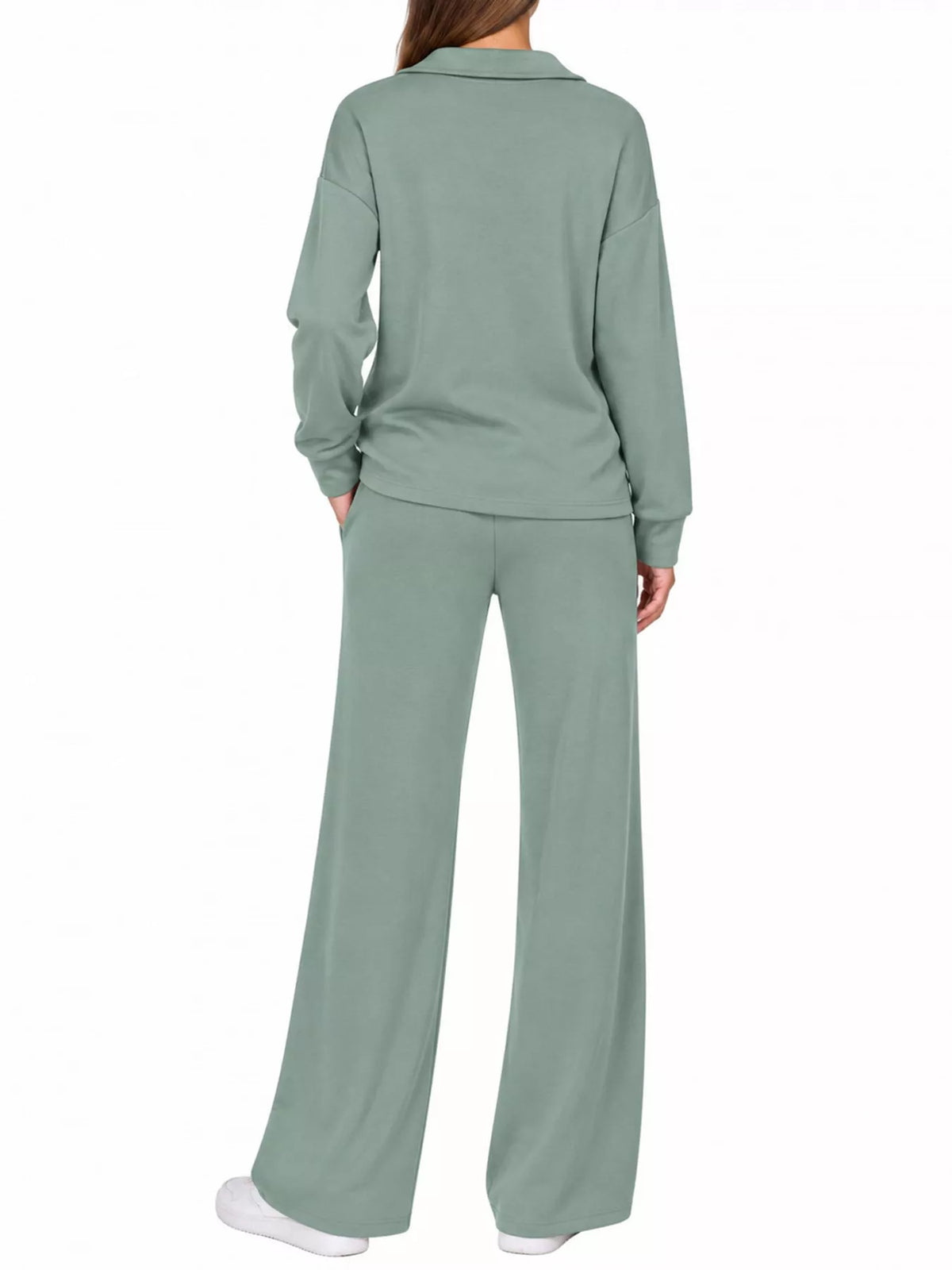 Top and drawstring pants set, sage back