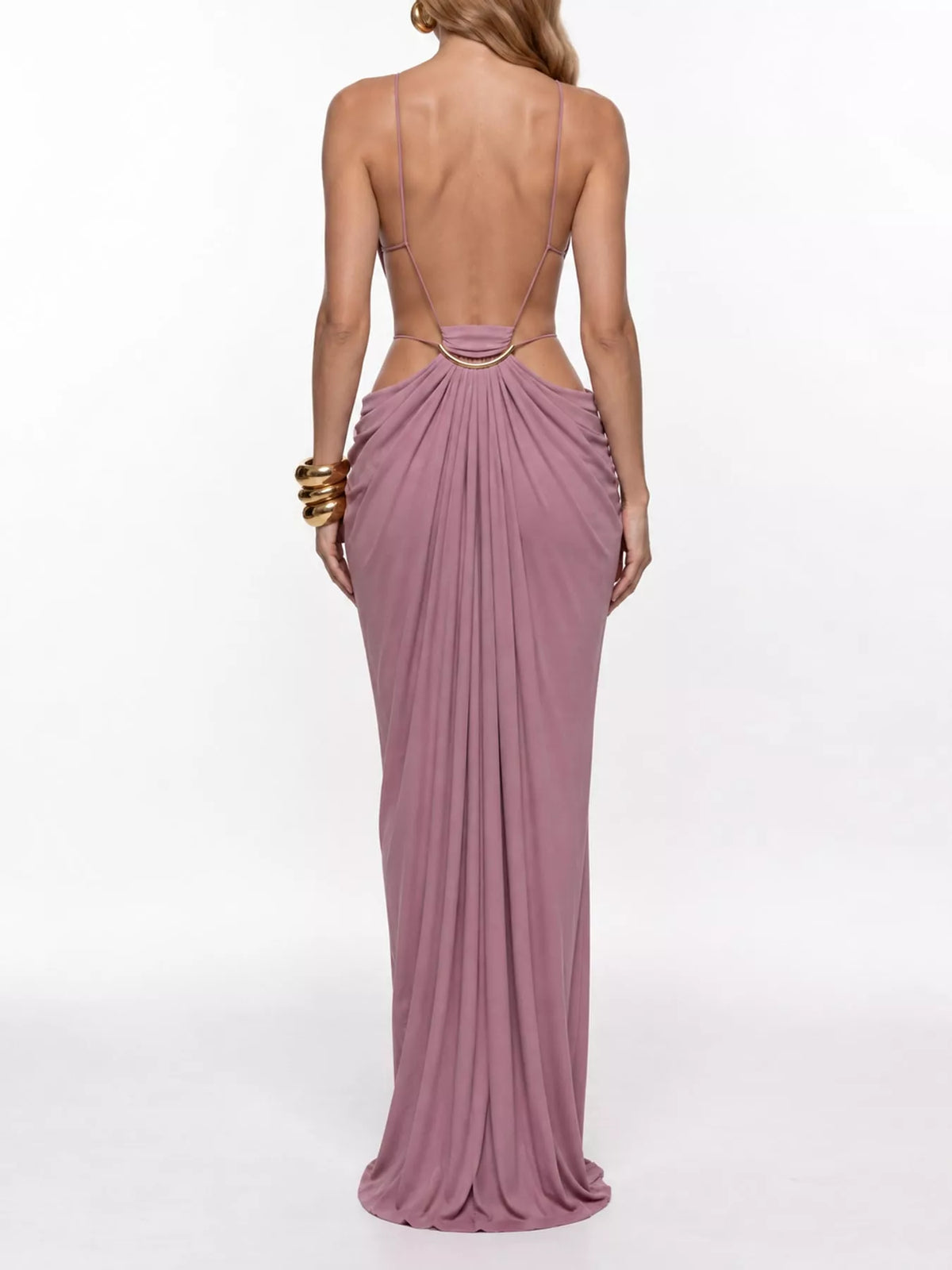 Purple backless plunge cut-out maxi dress, back view