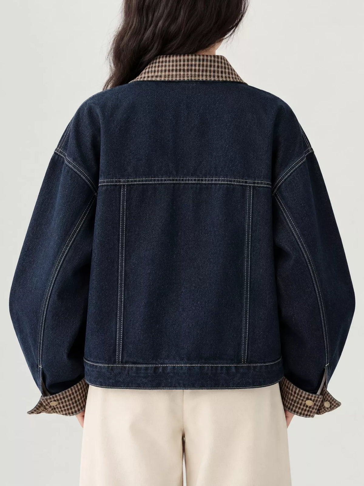 Snap-Front Plaid Collar Denim Jacket — back view