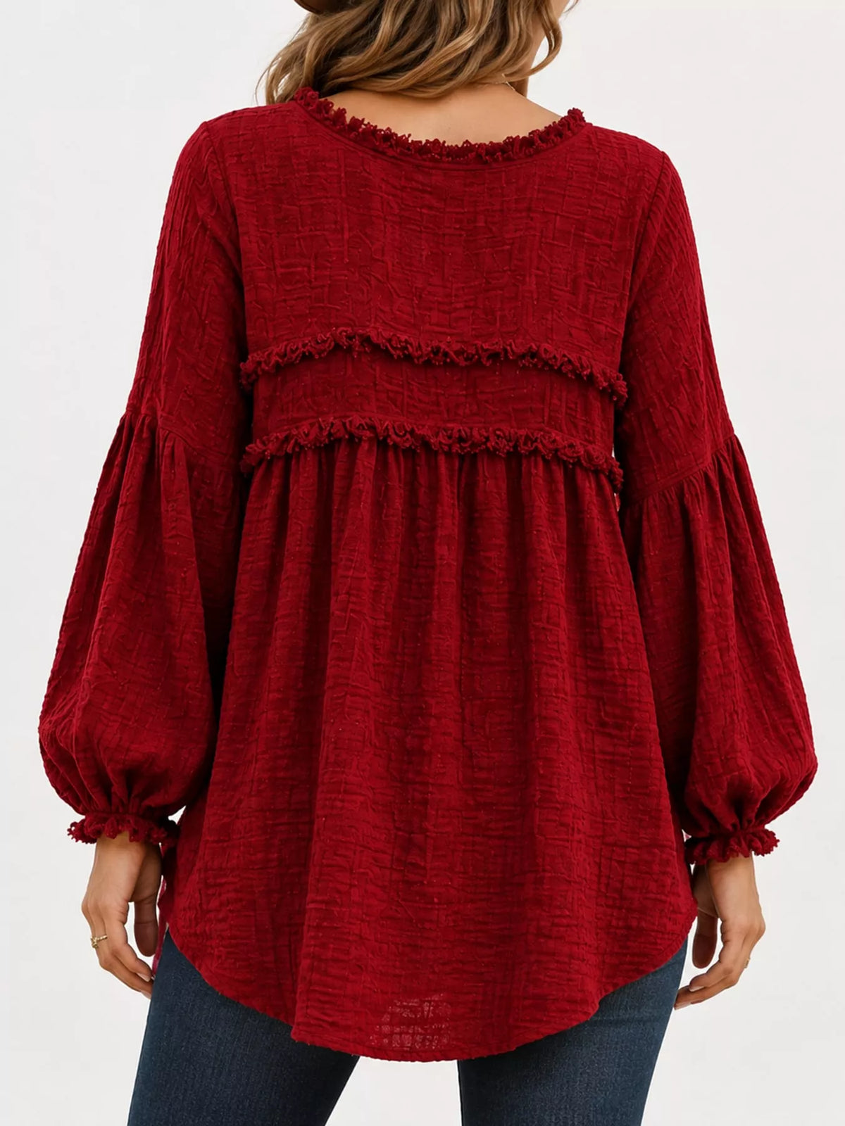 Red textured frayed-trim peplum blouse, back view