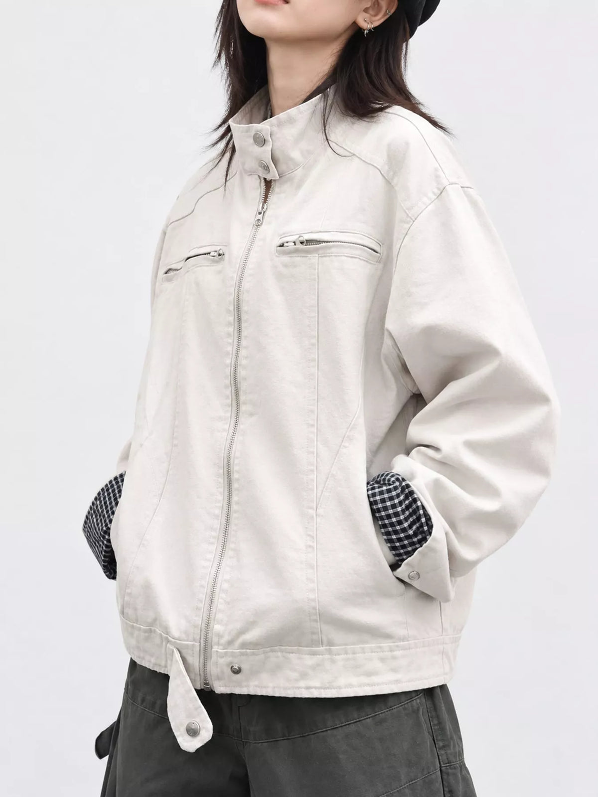 Cream contrast plaid cuffs zip-up jacket — front view