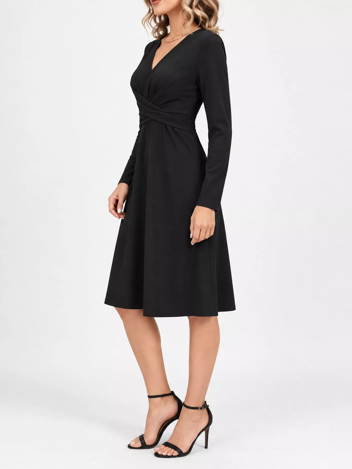 Black long sleeve ruched-front midi dress, side view