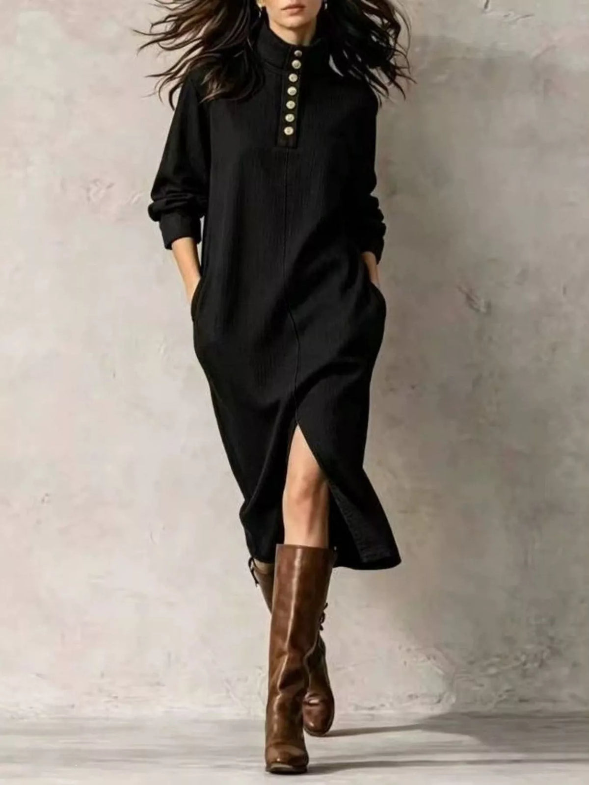 Mandarin neck long sleeve midi dress, front view on model