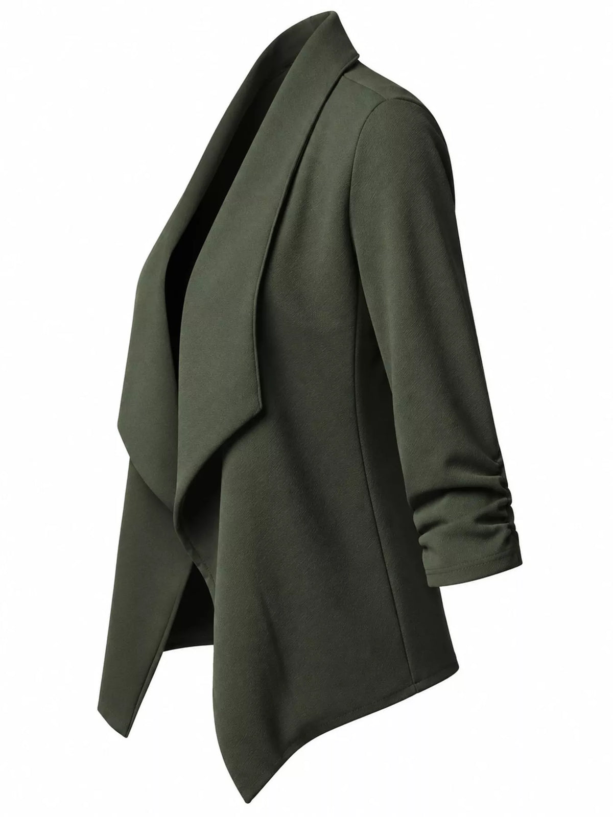 Green open-front blazer with ruched 3/4 sleeves, side view