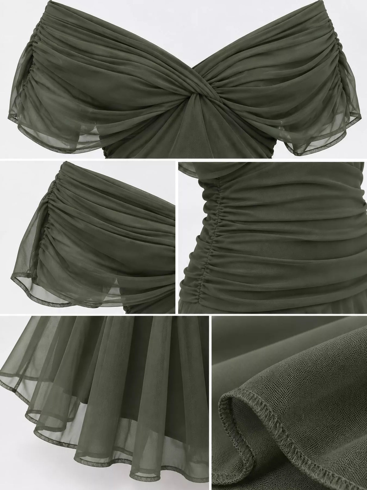 Army green off shoulder ruched tulle evening dress, detail view